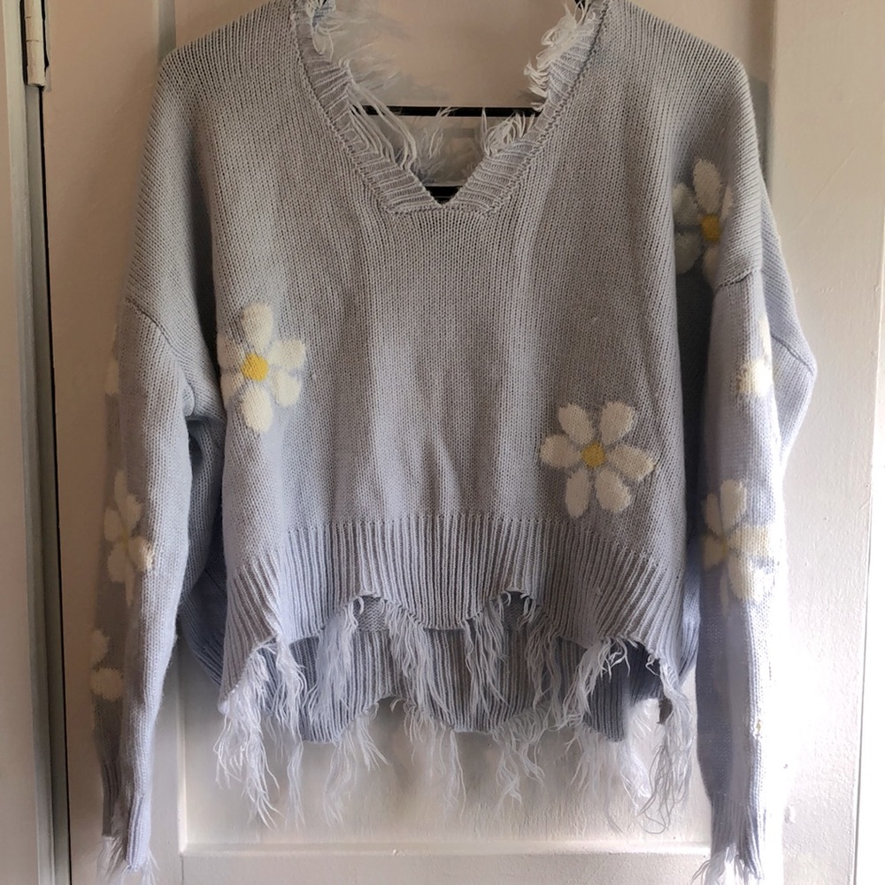 knitted sweater, light blue with white flowers pattern